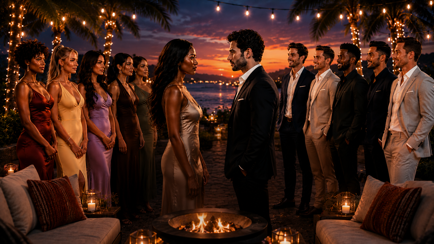 The Meet My Bestie cast at a dramatic sunset firepit — women on the left, a couple face-to-face in the centre, and men on the right