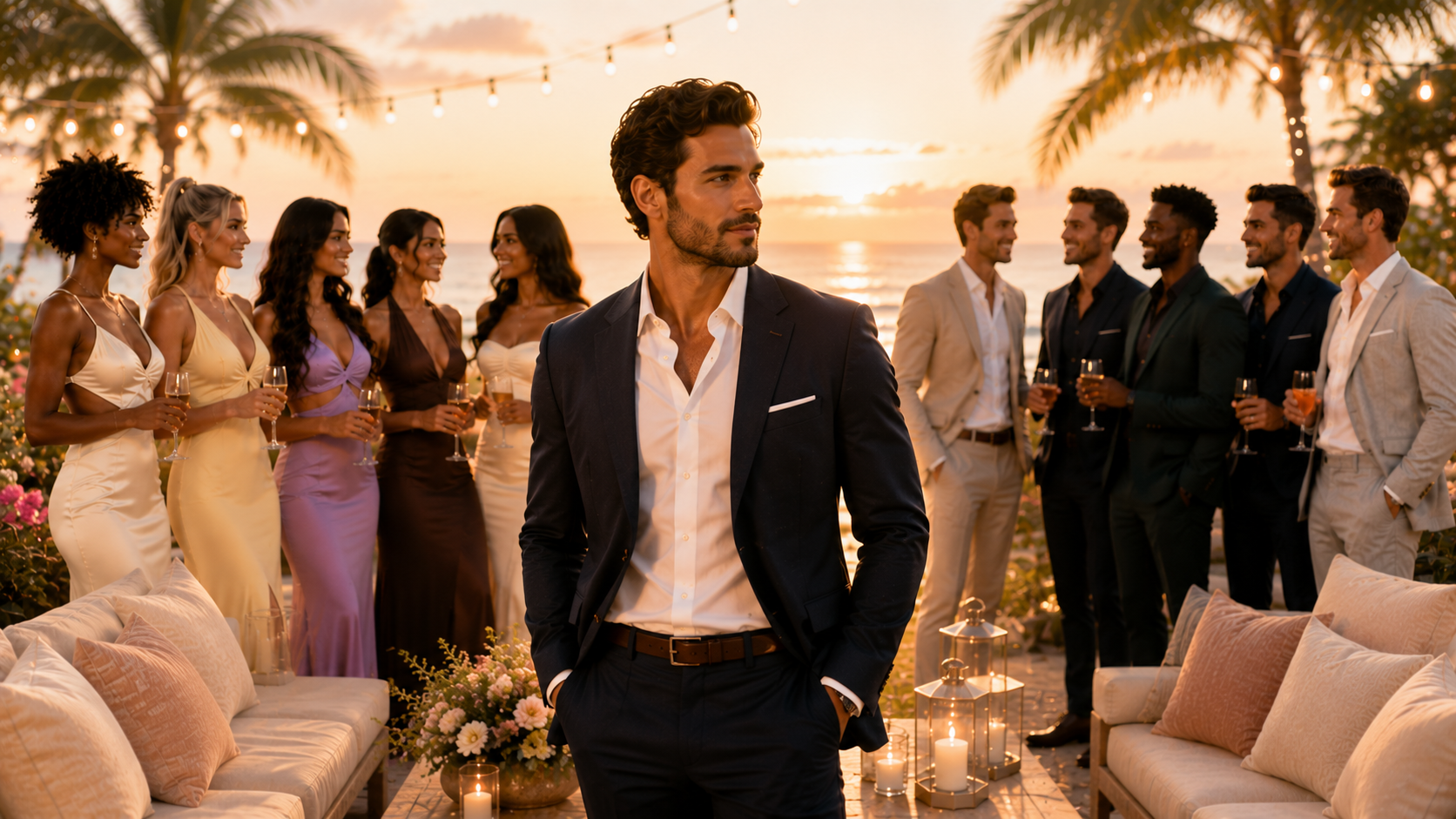 A confident man in a navy suit stands centre at a golden-hour beach party, women on his left and men on his right — the Season 2 male-lead reversal